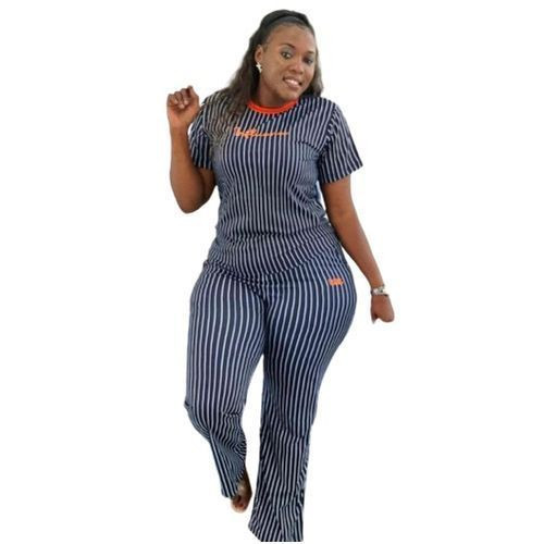 Women Two Piece Suit Stripped Short Sleeves T-Shirt Pants-Blue White