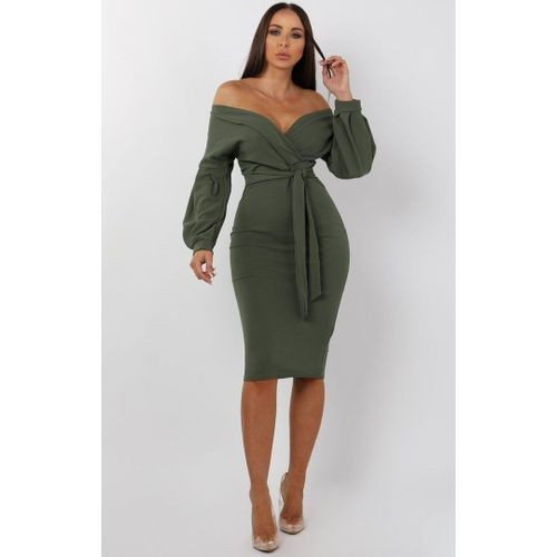 Off Shoulder Long Sleeve Elegant Lady Ofice Party -Grey