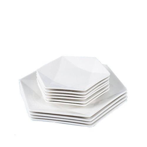 12 Pieces Ceramic Hexagonal Dinnerware Set With 6 Dinner Plates And 6 Side Plates