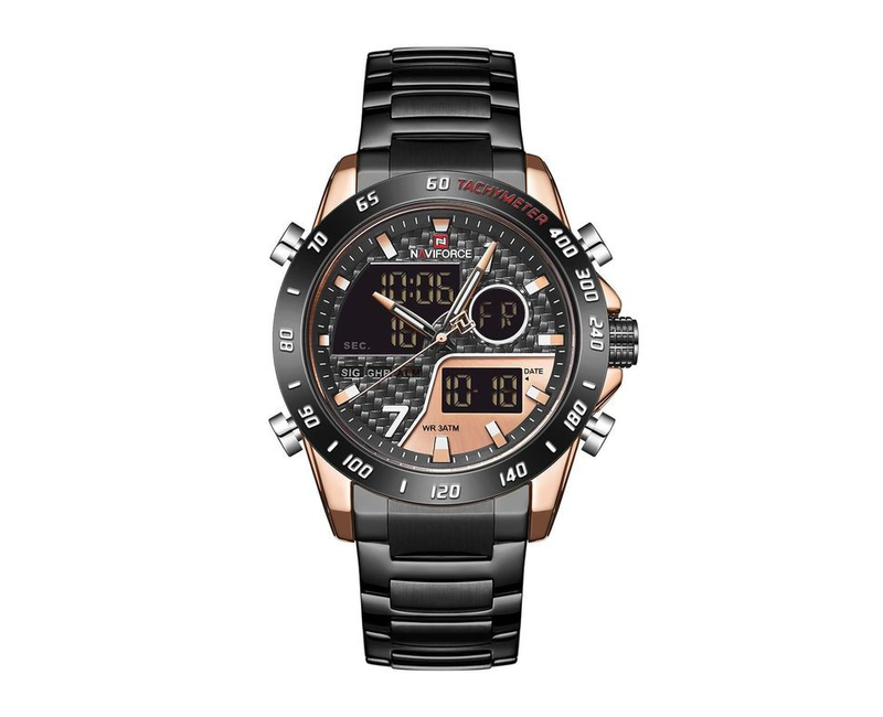 Stainless Steel Stylish Dual Display Watch - Black, Gold