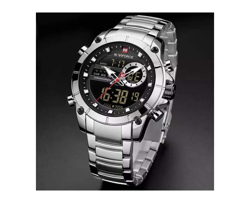 Waterproof Stainless steel Dual Display Men's Watch - Silver