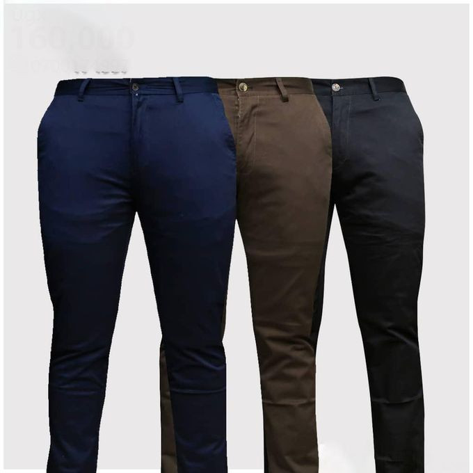 Packs of 3 Men's Khaki Trousers - Coffee Brown, Navy Blue, Brown
