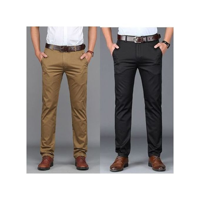 2 Packs of Men's Khaki Stretcher Trousers - Coffee Brown, Black