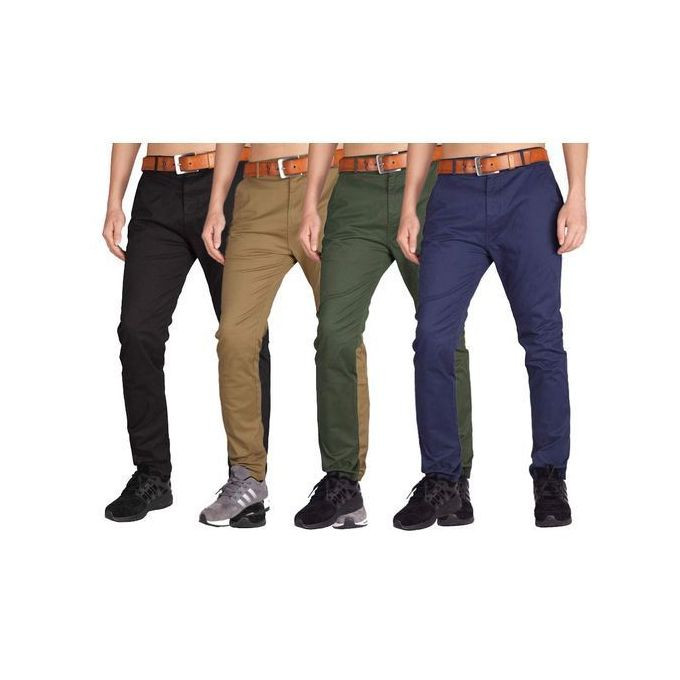 4 Pack of Men's Khaki  Stretcher Trousers - Green, Navy Blue ,Black, Brown