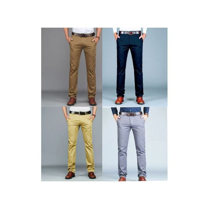 4 Pack of Men's Khaki Non Stretcher Trousers - Brown, Navy Blue , Grey, Black