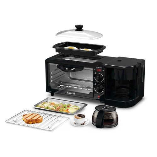 3 In 1 Breakfast Machine Maker With Oven Toaster Cooking Pan And Coffee Maker-Black