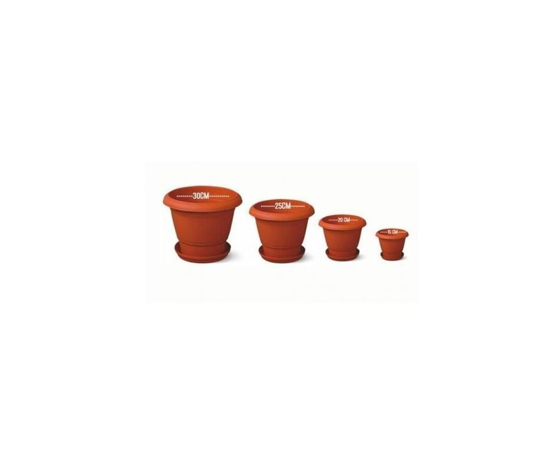 A set of 4 Plastic Flower Pots With Trays-Brick Red