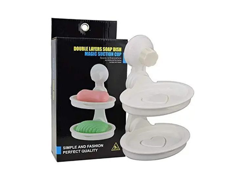 Double Layer Soap Dish Magic Suction Cup, White.