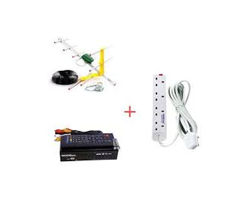 Package of Free to Air Decoder Outdoor Antenna 4 Way Extension Cable+Free TV Guard-Silver/Black