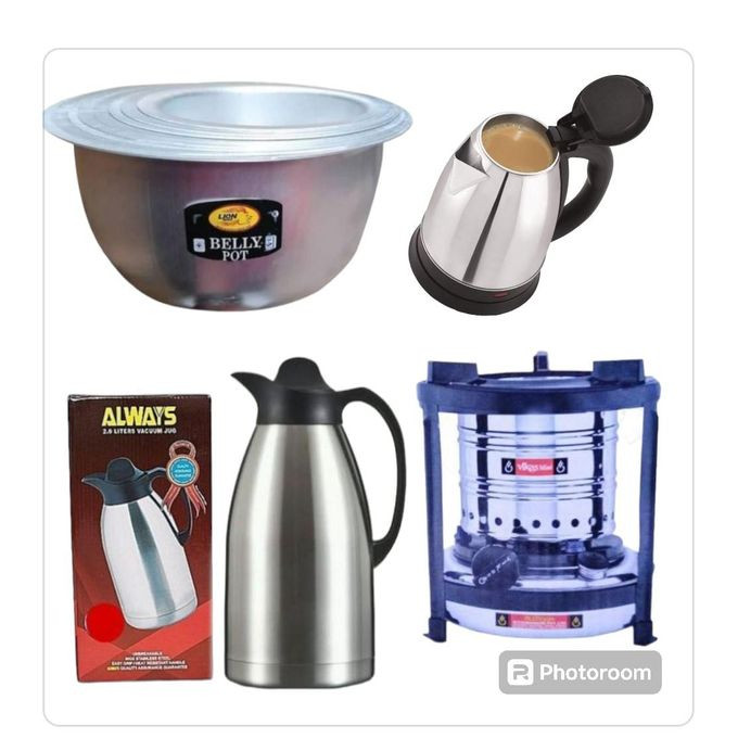 3 In 1 8Pcs Set Of Aluminium Saucepans,Stainless Steel Vacuum Flask Jug - 2.0L Plus Mini Praffin Wick Stove - Silver