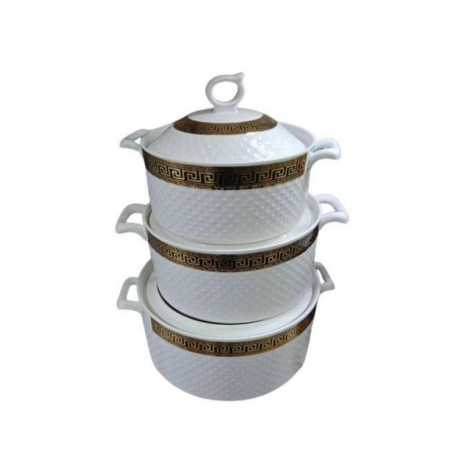 3 Pieces Of Golden Rim Ceramic Serving Bowl Dishes Pots With Lids -White