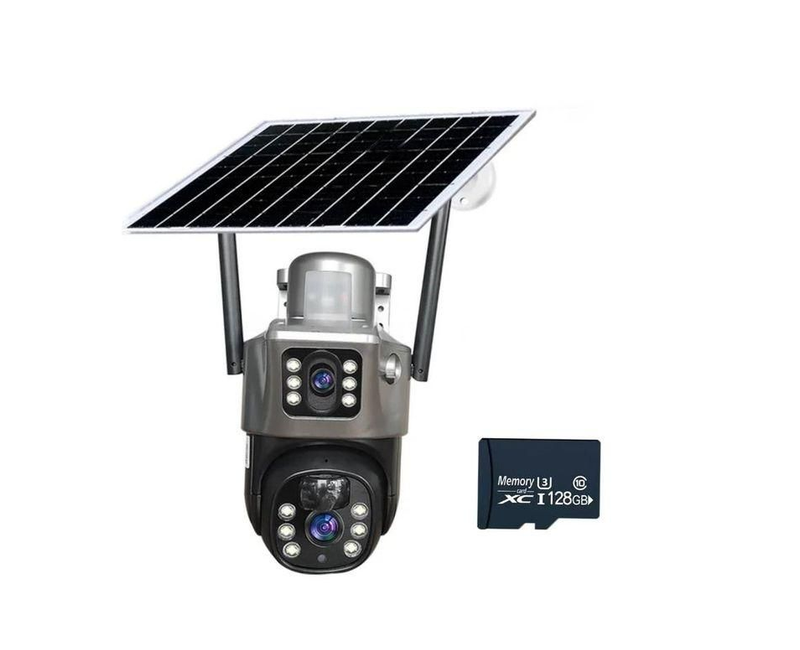Solar- Powered 4G Dual Lens Security Camera 4MP- CCTV Camera- With Free Memory Card 128 GB- Gray