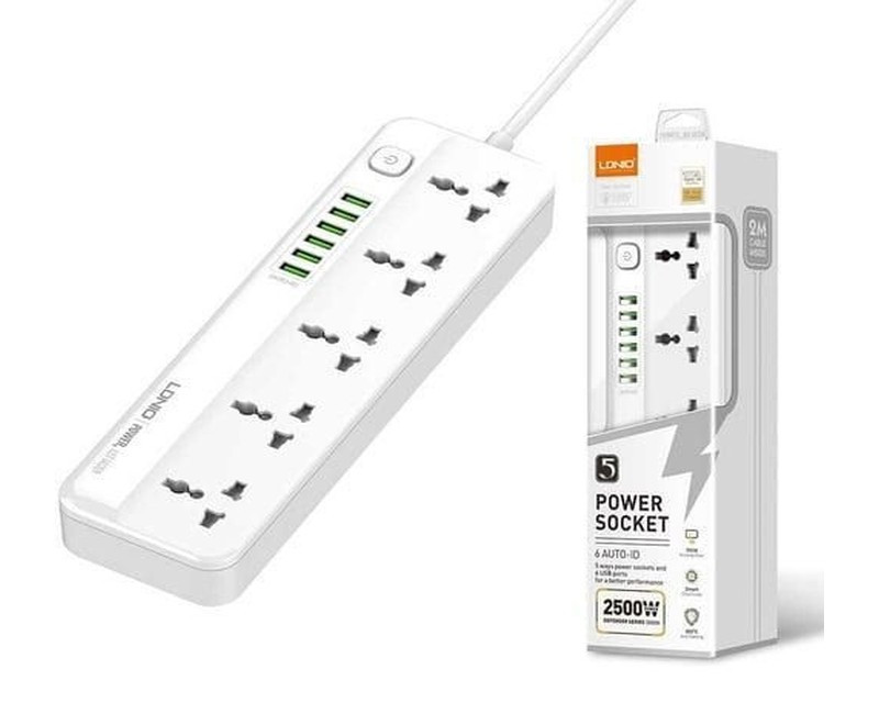 2500W Power Strip Surge Protector With 5 Ac Outlets Sockets And 6 Usb Charging Ports 2m Long Extension Cord For Home- White