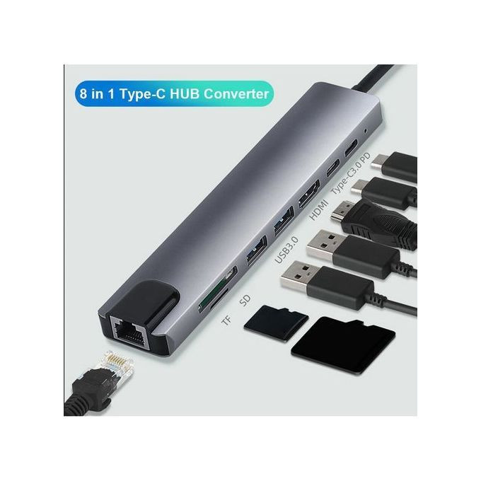 8 in 1 USB C Multiport Adapter Type C To USB-C 4K HDMI Adapter USB 3.0 Cable For Macbook - Grey