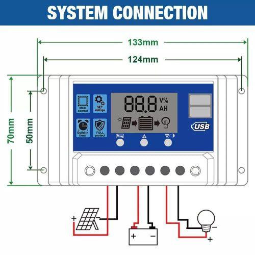 Solar Charge Controller 12/24V Auto LCD Solar Panel Battery Regulator 10A - Blue