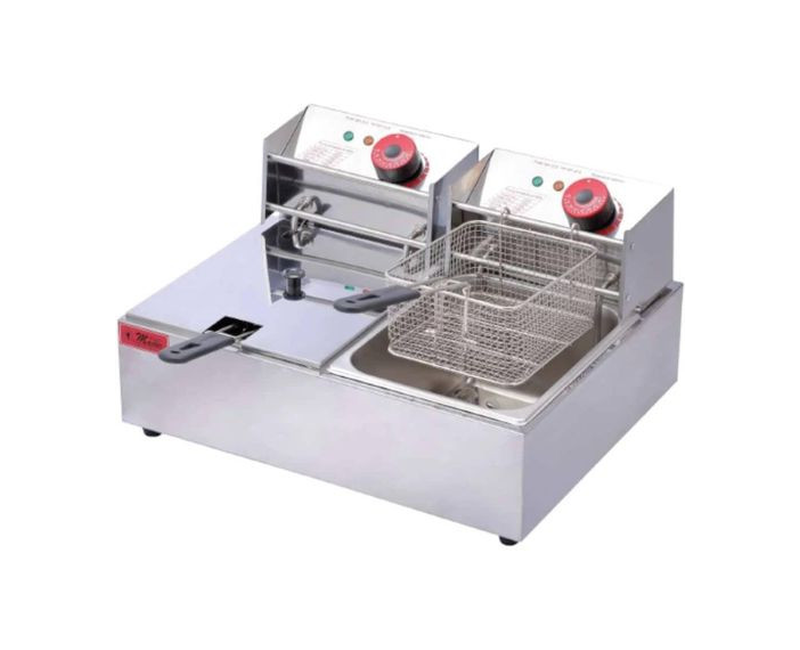 12L (6L + 6L) Temperature Adjustable Commercial Deep Fryer Stainless Steel Electric Countertop Dual Tank Basket Potato Chips Frying Pan With Safety Lid For Restaurant Home- Silver Electro Master