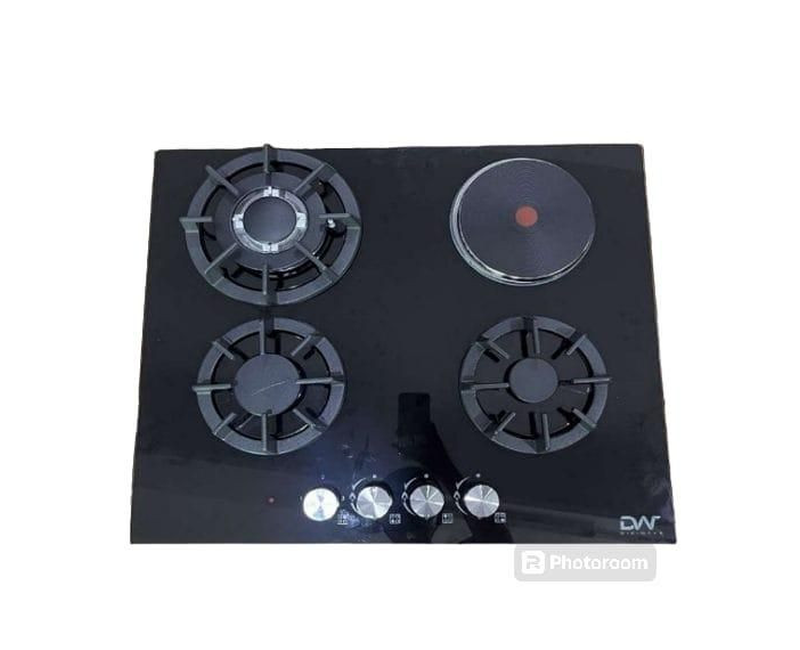 3 Gas Burner Cooker+1 Electric Hot Plate Auto Ignition Built In Table Glass Body Top Cooktop Hob Stove Gas Hob Panel Metal Knob Cast Iron Pan- Black Digiwave