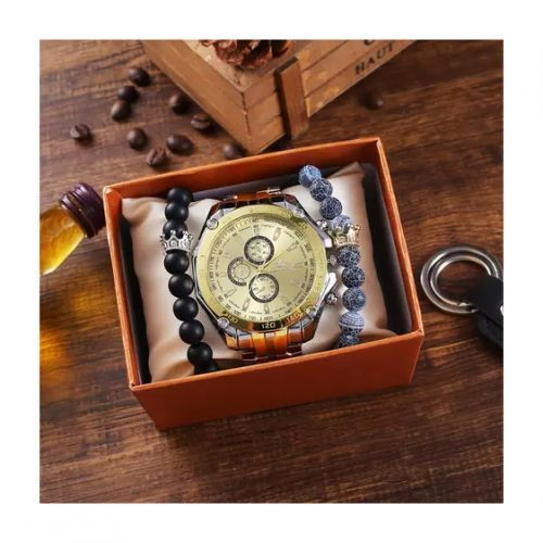 Stainless Steel Men's Wrist Watch + 2 Bracelets - Silver/Gold