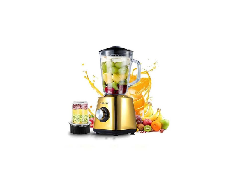 2 IN 1 Coffee Grinder And 1.5L Glass Jar Blender 500W High Power Ergonomic Grip Design Easy And Fast Cleaning 2 Gears Multifunctional Food Processor Stainless Steel Blade Cuts Food Quickly Smoothie Maker 6 Juicer Ice Crusher Extractor- Gold Sokany