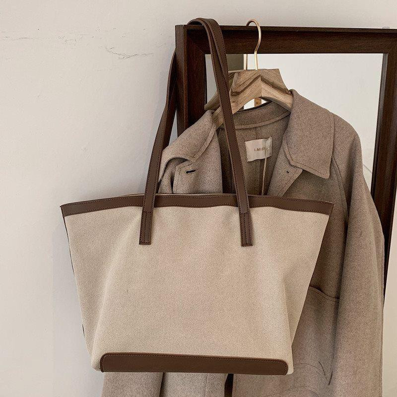 Large Capacity Tote Bag Ladies Hand Bag Women's Shoulder Bag - White with Brown