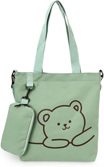 Girls Canvas Bag Tote Handbags Casual Large Capacity Shoulder School Crossbody Bag - green
