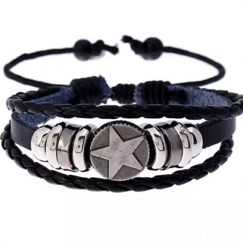 Five-Pointed Star Leather Bracelet- Black/Blue