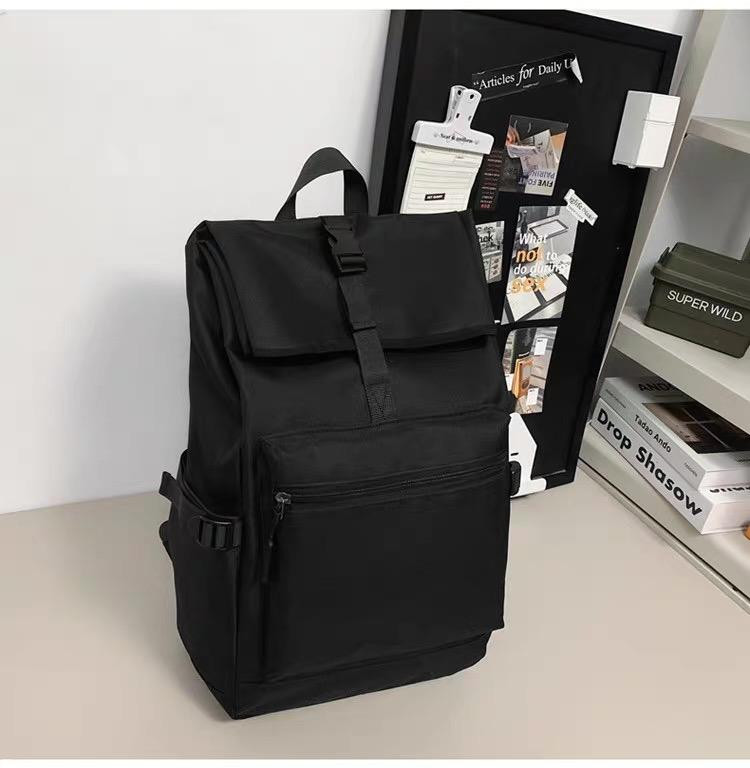 Rucksack Rolltop Backpack Women Men Unisex Minimalist Daypack for Work, School 15 Inch Laptop Compartment Water-Resistant- Black