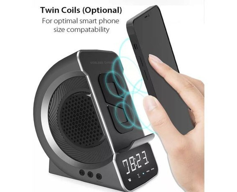 3-In-1 Wireless Charging Charger Bluetooth -Compitible Speaker Clock Support TF Card Phone Holder Double Coil Induction Design for Bedside