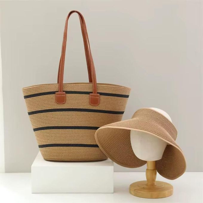 Large Capacity Straw Tote Bag for Women Fashionable Beach Handbag Large Capacity Shoulder Bags with Hat - Khaki