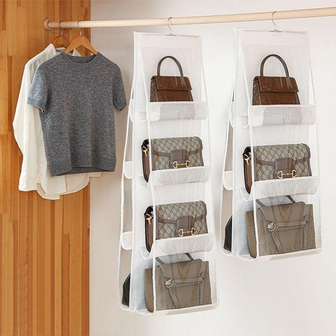 2 Pieces 8 Pockets Handbag Storage Organizer Purses  Scarves in Closet Bedroom - White/Grey