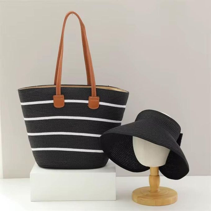 Large Capacity Straw Tote Bag for Women Fashionable Beach Handbag Large Capacity Shoulder Bags with Hat - Black