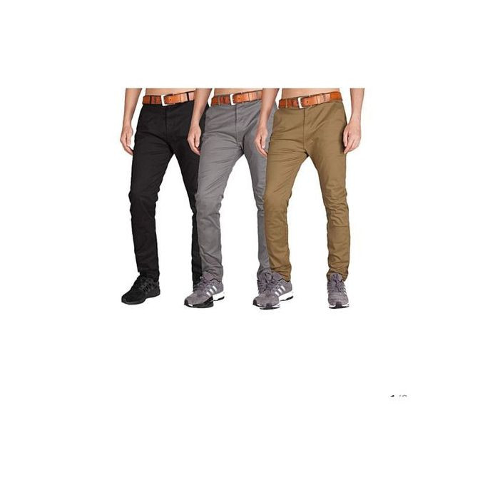 A pack of 3 Men's Casual Stretcher khaki Trouser - Black,Grey,Brown,