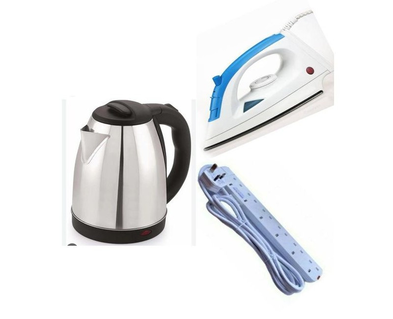 Flat Iron, 2L Electric Kettle & Power King 6 Way - Silver