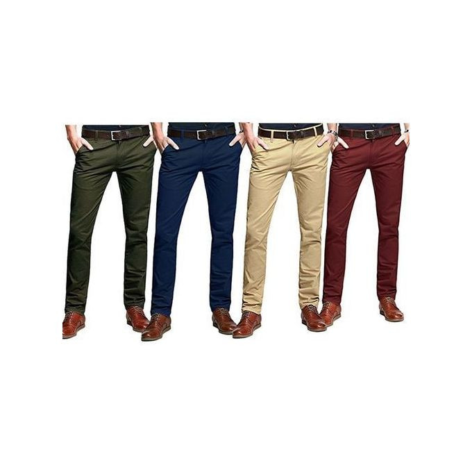 4 Pack of Men Khaki Stretcher Trousers - Multicolor