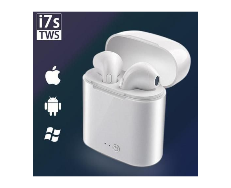 TWS i7s Earbuds True Wireless Bluetooth Headphones In-ear Music Earphone Hands-free with Charging Box Silicone Earphone Case Lanyard - White