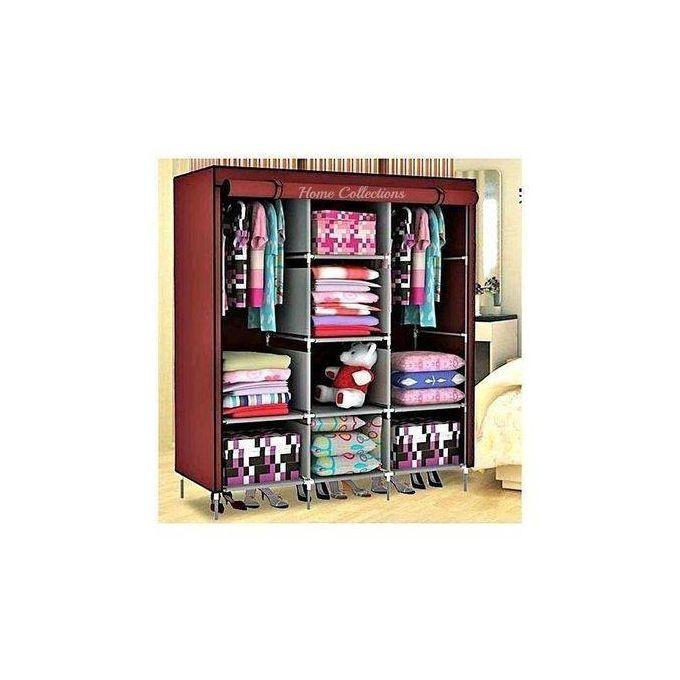 3 Column Cloth Frame Wardrobe - Maroon, Not Assembled.
