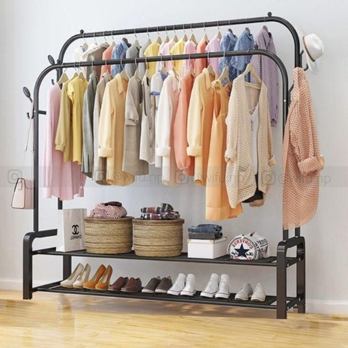 Carbon Steel Double Pole Coat Rack Indoor Bedroom Clothes Drying Rail Balcony Hanging Clothes Shoes Rack Standing Storage Organizer With Hooks- Black