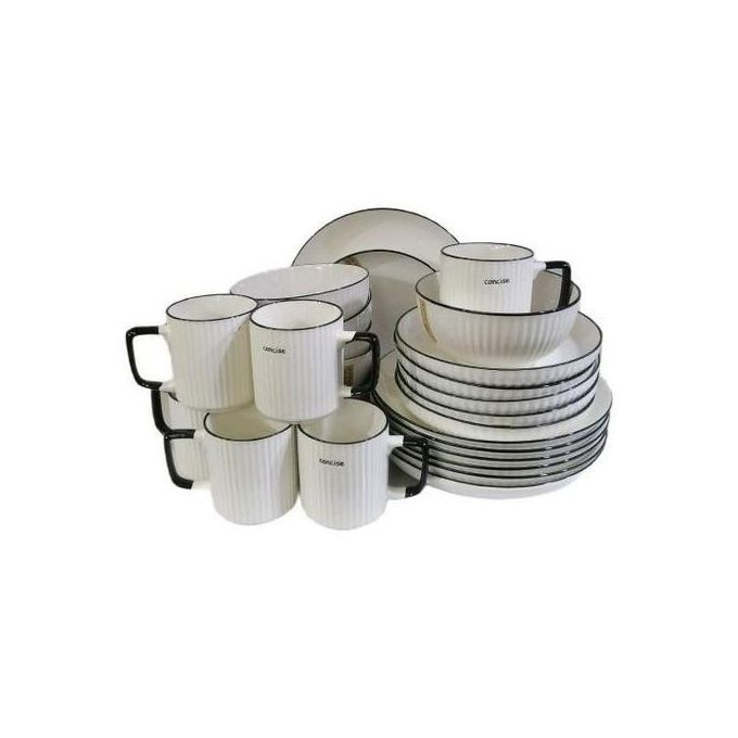 24pcs Of Black line Design Plates Bowls Cups Dinner Set - Cream.