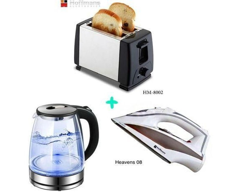 Hoffmans A Pack Of 2 Slice Stainless Steel Bread Toaster, 2L Glass Electric Kettle With LED Blue Light And A Steam And Dry Flat Iron