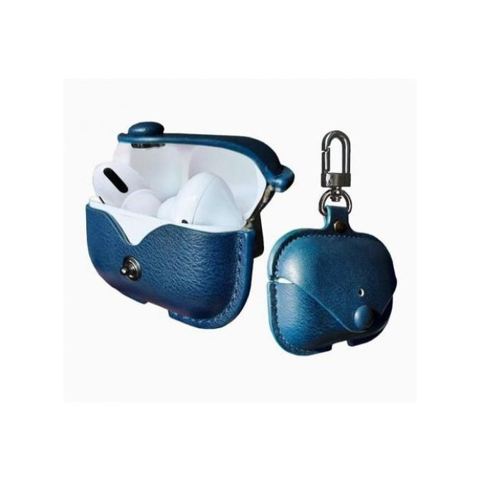 Earbuds Pro Case Cover Leather Case Metal Keychain - Blue