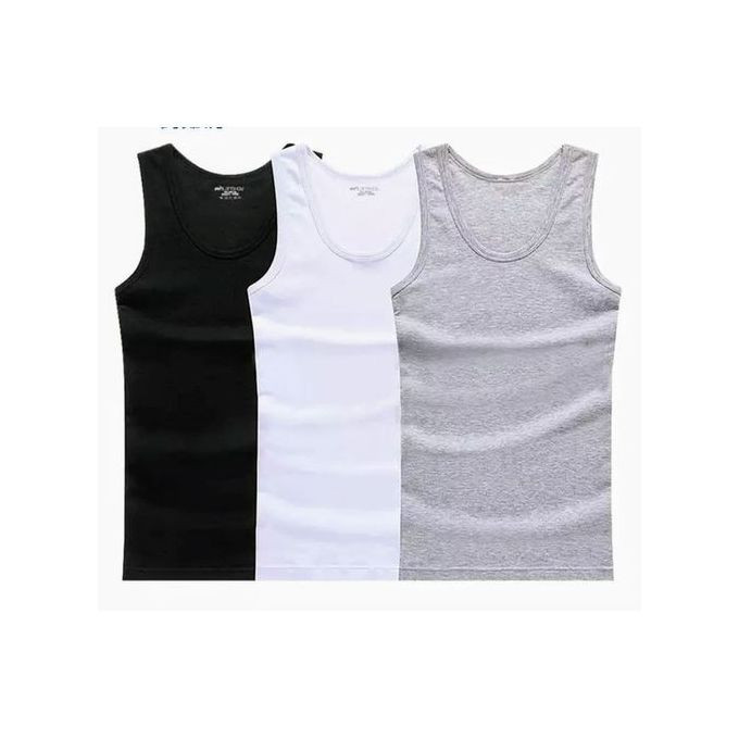 3 Pc Men's Cotton Vests - Black,Grey,White.