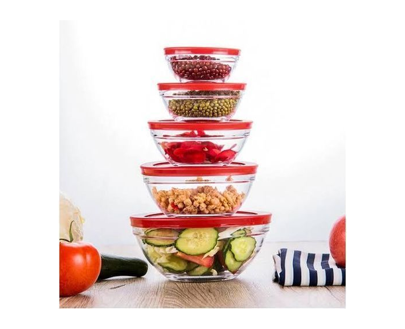 5 pcs Glass Bowl Set - Transparent, Lids Color may Vary