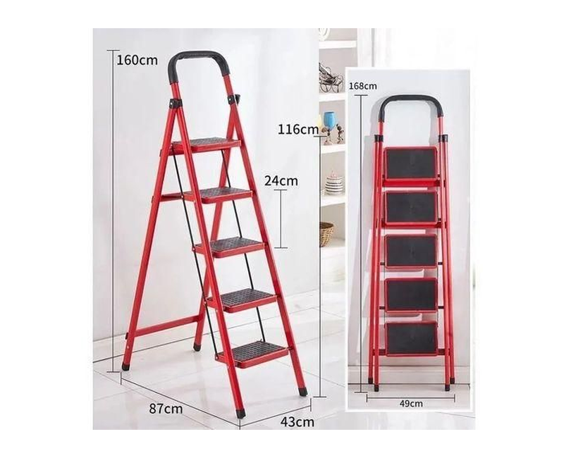 Ladder Step Ladder Steel Ladder Foldable 5 Steps - Red