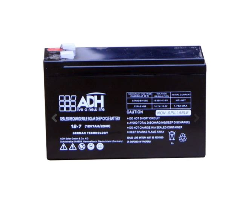ADH 7AH, 12V/20HR Solar, Fast Charging Sealed Rechargeable Deep Cycle Battery - Black