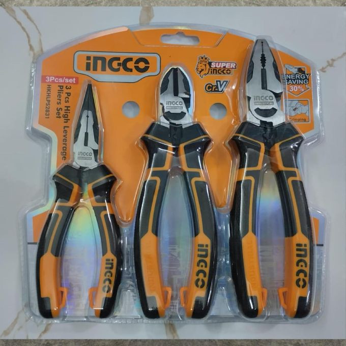 INGCO 3pcs Pliers Set 8" Combination Pliers, 6" Diagonal Pliers, 6" Long Nose Pliers - Yellow/Black