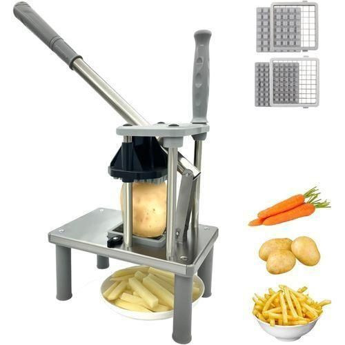 French Fry Cutter For Potatoes With 2 Replacement Blades-Potato Slicer French Fries Chips Slicer Commercial Grade For Homemade Fries And Vegetables Potato Chipper- Silver