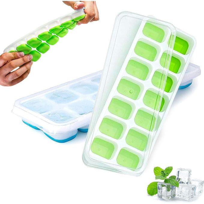 2 Pack Ice Trays For Freezer, Silicone Ice Cube Tray With Removable Lid Flexible Silicone Bottom Ice Cube Trays, 100% Bpa Free, Food Grade Ice Cube Mould (Square, Green & Blue