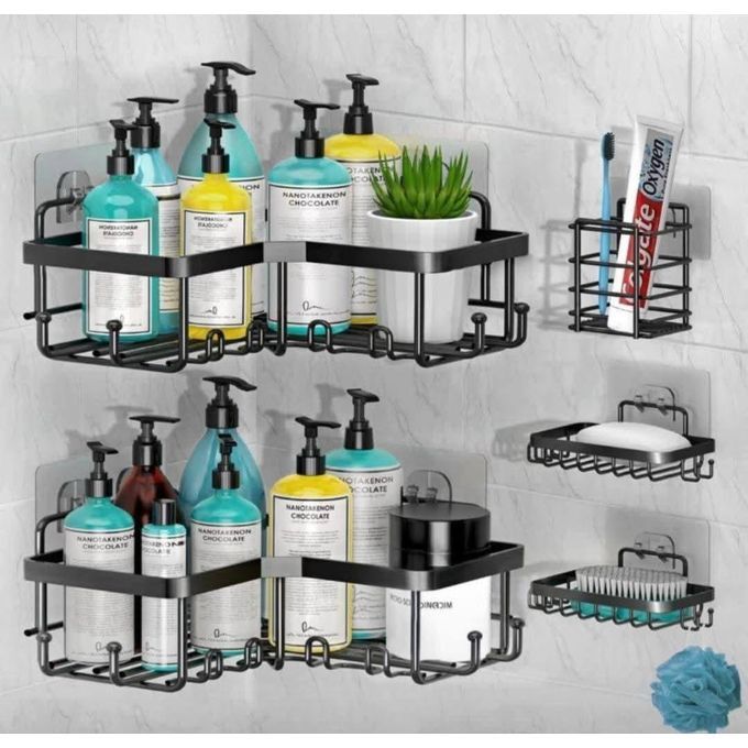 5 Sets Cosmetics Lotion Bathroom Storage Rack for Kitchen Organizer No-Punch Wall -mounted Oil Salt Vinegar Multifunction Organizer Soap Dish Toiletries Shelf Practical Shower Caddy Set -Black