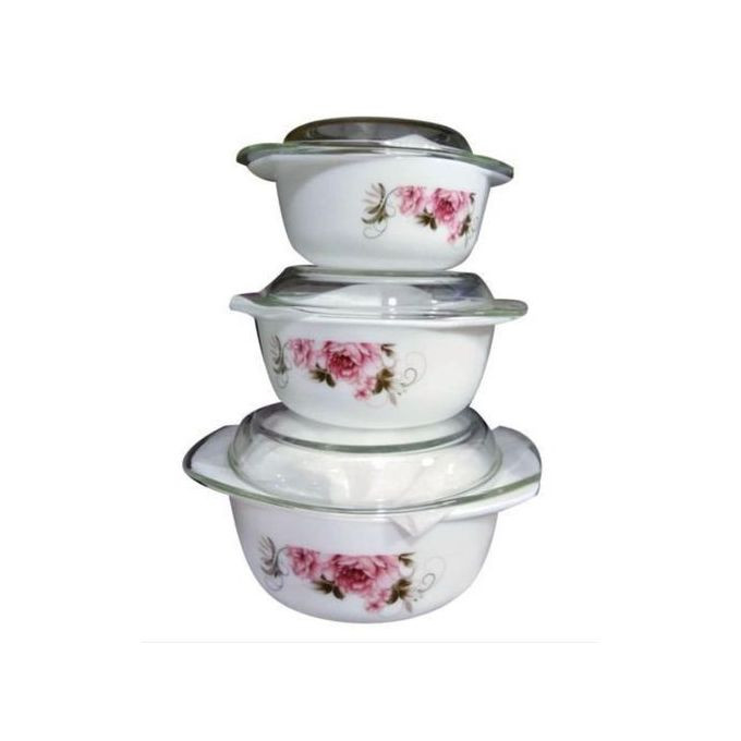 New 3 Pieces Set Of Ceramic Opal Dishes With Glass Lids - White/Flower May Vary