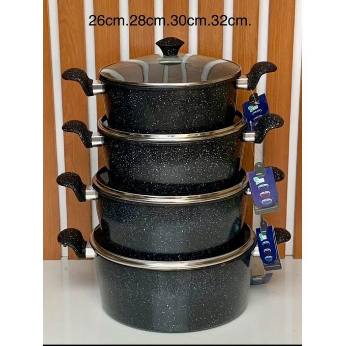 4Pc Set Of Non-Stick Cookware & Serving Dishes With Glass Lids- Black & Blue